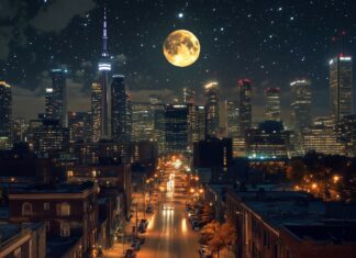 A stunning cityscape at night with a brilliant full moon hanging over a bustling skyline, casting a gentle light on the city streets and buildings.