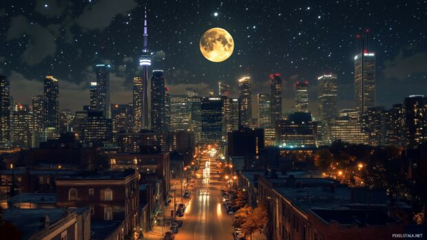 A stunning cityscape at night with a brilliant full moon hanging over a bustling skyline, casting a gentle light on the city streets and buildings.