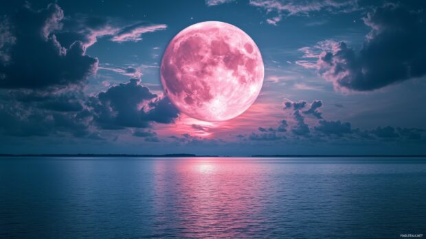 A stunning pink moon casting a soft glow over a calm ocean.