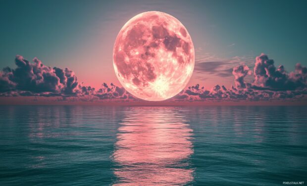 A stunning pink moon casting a soft glow over a calm ocean, with its reflection shimmering across the water, framed by a few drifting clouds in the night sky.