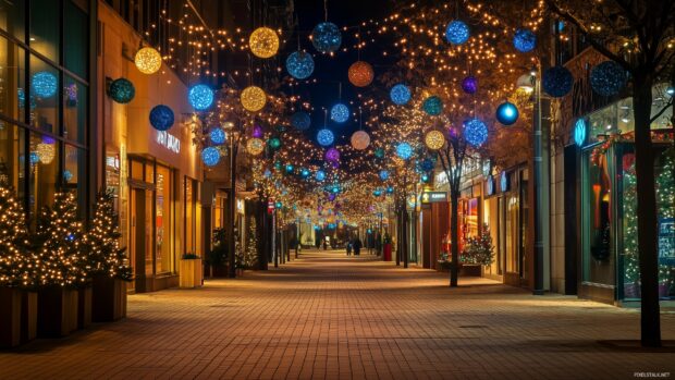 A stunning view of a city street decorated with Christmas lights and ornaments.