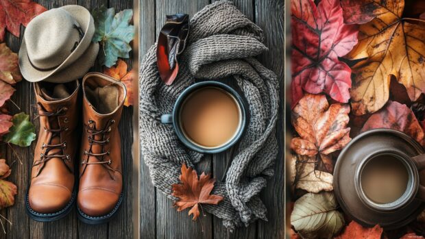 A stylish autumn collage with close up shots of fall fashion accessories like boots, scarves, and hats paired with rustic fall leaves and warm drinks.