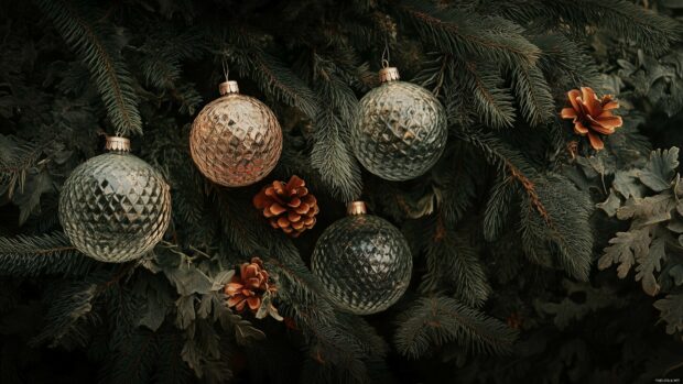 A stylish flat lay of Christmas ornaments, including glittery baubles and classic glass ornaments.