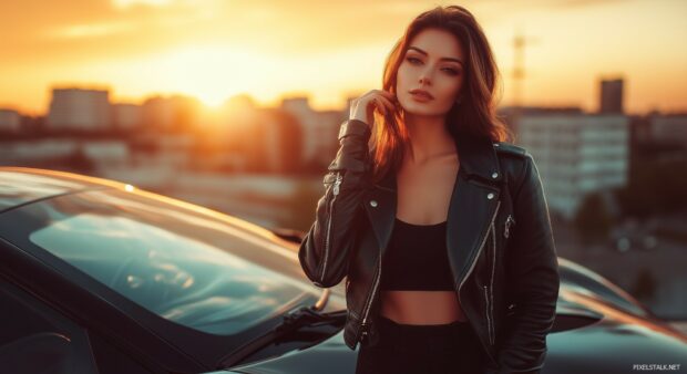 A stylish woman in a leather jacket leaning against a sleek sports car on a city rooftop at sunset.