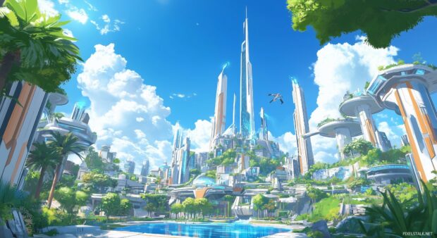 A stylized anime city with clean lines and a focus on a bright, clear horizon.