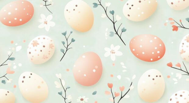 A subtle repeating pattern of soft pastel colored eggs and small flowers arranged in tiles, with a simple, linear vector art style.