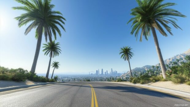 A sunny Los Angeles street 1080p HD Wallpaper featuring palm trees, a clear blue sky, and a glimpse of the downtown skyline in the distance.