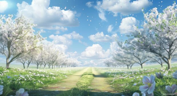 A sunny spring day in an apple orchard with blossoming trees.