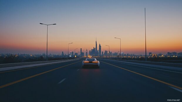 A supercar speeding down an empty highway at dusk, Car Desktop Wallpaper for PC Windows.