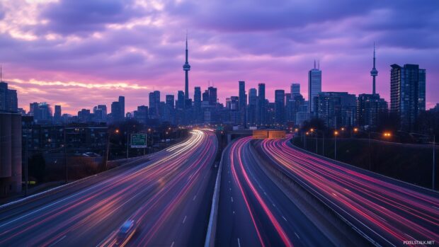 A supercar speeding down an empty highway at dusk, with the city skyline in the distance.