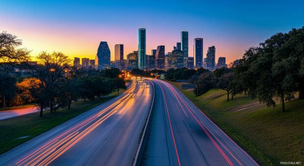 A supercar speeding down an empty highway at dusk, with the city skyline in the distance, Car 1080p HD background.