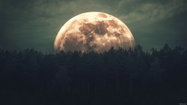 A supermoon rising over a dense forest, with the moonlight filtering through the trees.