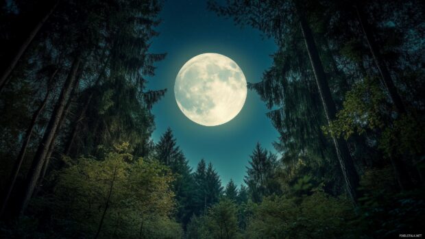 A supermoon rising over a dense forest, with the moonlight filtering through the trees.