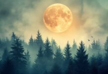 A supermoon rising over a dense forest with the moonlight filtering through the trees and creating a mystical atmosphere.