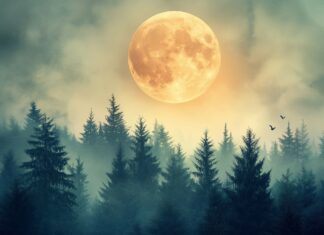 A supermoon rising over a dense forest with the moonlight filtering through the trees and creating a mystical atmosphere.