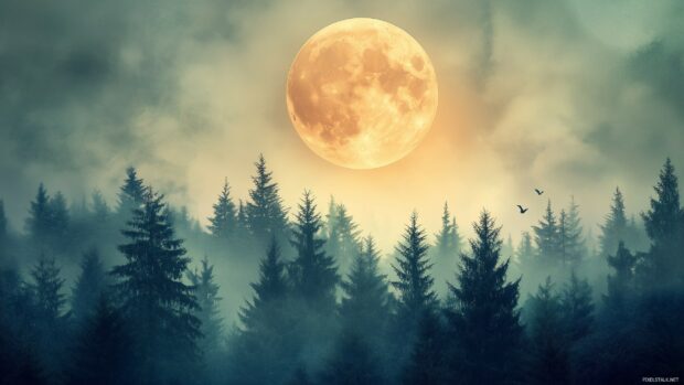 A supermoon rising over a dense forest with the moonlight filtering through the trees and creating a mystical atmosphere.