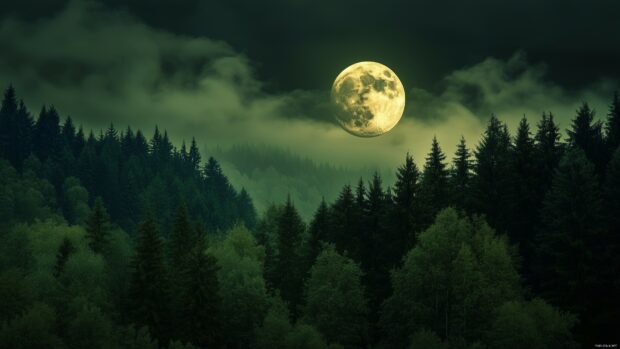 A supermoon rising over a dense forest, with the moonlight filtering through the trees and creating a mystical atmosphere.