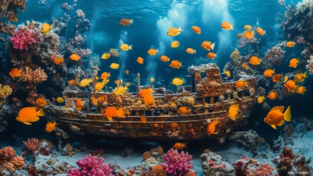 A surreal 3D underwater wallpaper 1080p featuring vibrant coral reefs and schools of fish swimming around a sunken shipwreck, all in intricate 3D.