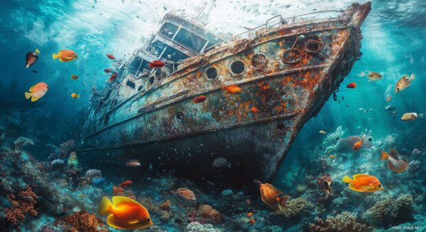 A surreal underwater 3D scene featuring vibrant coral reefs and schools of fish swimming around a sunken shipwreck.