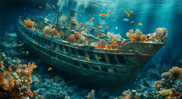 A surreal underwater scene featuring vibrant coral reefs and schools of fish swimming around a sunken shipwreck.