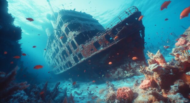 A surreal underwater scene featuring vibrant coral reefs and schools of fish swimming around a sunken shipwreck, all in intricate 3D.