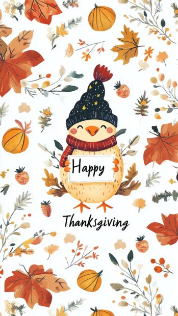 A sweet wallpaper with a small, smiling turkey character holding a Happy Thanksgiving sign, surrounded by fall themed patterns.