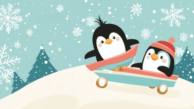 A sweet winter scene of penguins sledding down a snowy hill, with pastel colored snowflakes gently falling.