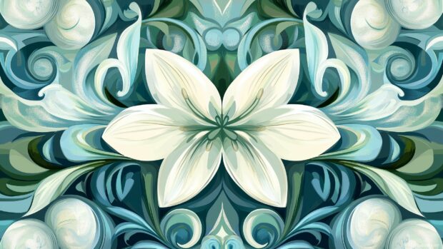 A symmetrical pattern of soft Easter lilies and decorated eggs arranged in a seamless tile design, with simple, delicate lines in vector art style.