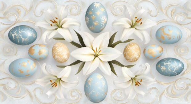 A symmetrical pattern of soft Easter lilies and decorated eggs arranged in a seamless tile design, with simple, delicate lines in vector art style.