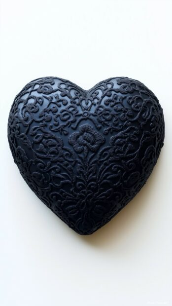 A textured black heart with intricate lace patterns set against a plain white background, providing a striking contrast and a romantic, elegant feel.