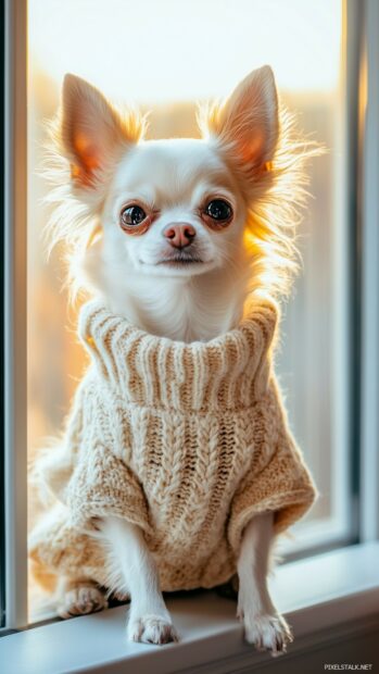 A tiny Chihuahua wearing a cozy sweater, sitting on a windowsill with sunlight streaming in, Dog wallpaper for phone.