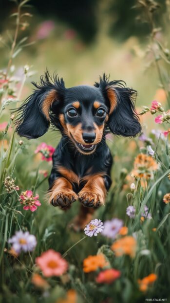 A tiny Dachshund Dog wallpaper for iPhone with long ears, running through a field of wildflowers.