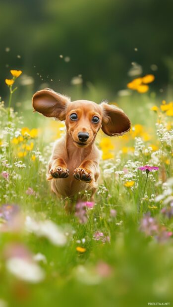 A tiny Dachshund dog with long ears, running through a field of wildflowers.