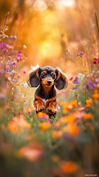 A tiny Dachshund puppy with long ears, running through a field of wildflowers.