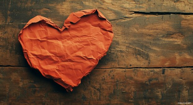 A torn paper 3D heart with frayed edges, laying flat on a plain wooden surface.