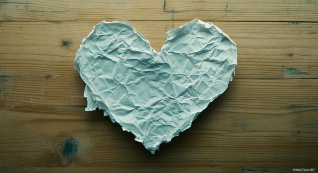 A torn paper heart with frayed edges, laying flat on a plain wooden surface.