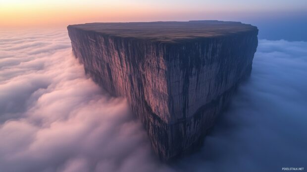 A towering mountain ridge surrounded by swirling mist and low hanging clouds at dawn.