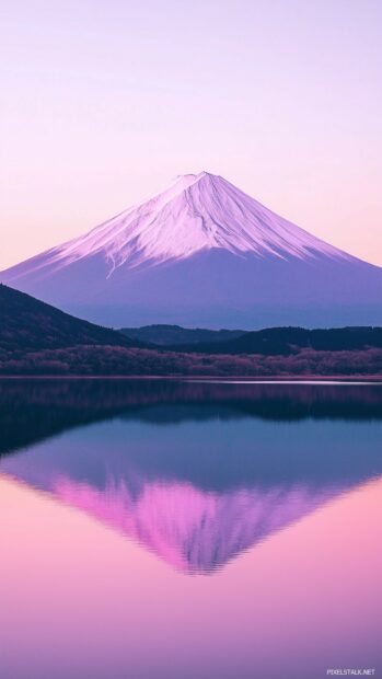 A towering snow capped mountain rising above a crystal clear alpine lake at sunrise.