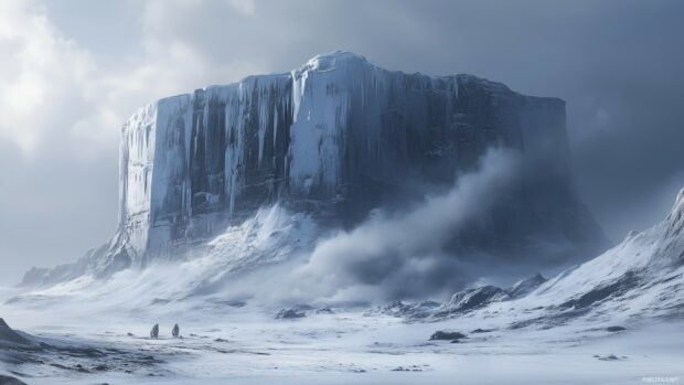 A towering snowy Mountain with icy cliffs and swirling snow clouds at the summit.