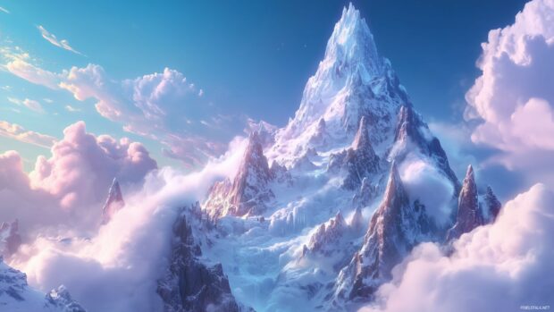 A towering snowy mountain desktop wallpaper with icy cliffs and swirling snow clouds at the summit.