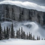 A towering snowy mountain with icy cliffs and swirling snow clouds at the summit.