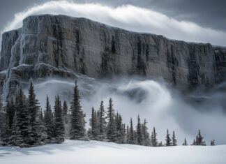 A towering snowy mountain with icy cliffs and swirling snow clouds at the summit.