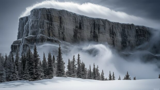 A towering snowy mountain with icy cliffs and swirling snow clouds at the summit.