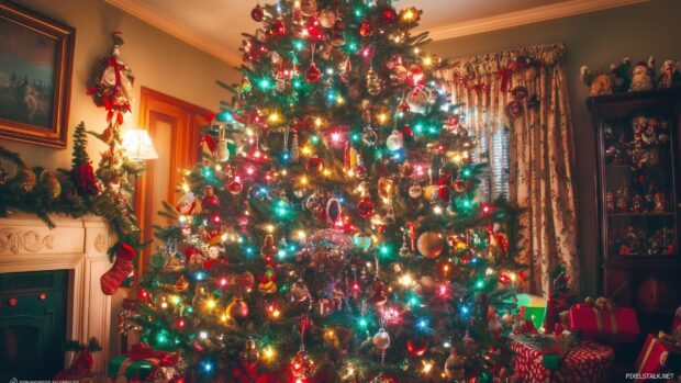 A traditional Christmas tree with multicolored lights and classic ornaments.