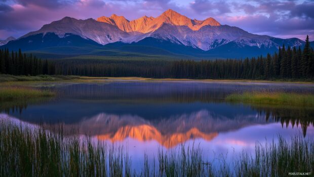 A tranquil Mountain lake mirroring the golden and purple hues of a sunset behind towering peaks, Sunset Mountain HD Wallpaper.