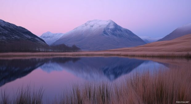 A tranquil Mountain lake mirroring the golden and purple hues of a sunset behind towering peaks, Sunset Mountain HD Wallpaper Free.