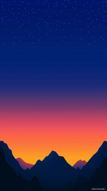 A tranquil Mountain vista at twilight, with the peaks silhouetted against a gradient sky of deep blue and orange.