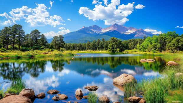 A tranquil Rocky Mountain lake reflecting towering peaks.