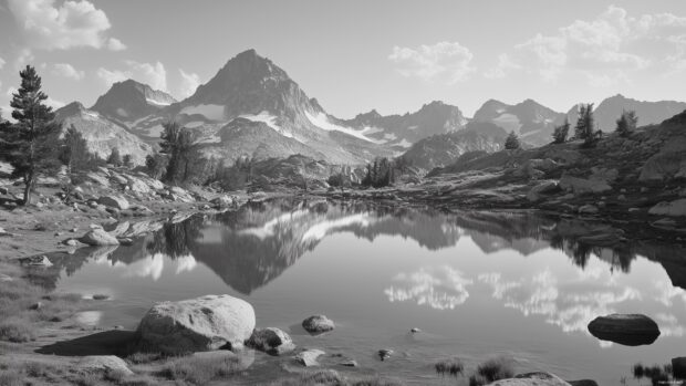 A tranquil Rocky Mountain lake reflecting towering peaks and scattered rocks along the shore.