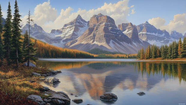 A tranquil Rocky Mountain lake reflecting towering peaks and scattered rocks along the shore.